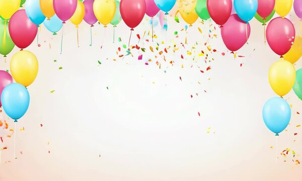 Bright party balloons and confetti cascading from the top of the image, with an empty center section perfect for custom