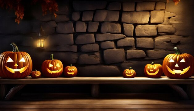 a scary spooky glowing carved halloween pumpkin lantern jack o lanterns on the left of a wooden product display bench on a scary halloween night with a dark stone wall background lit from above
