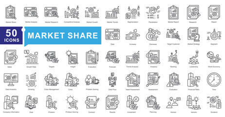 Market Share icon set contain analysis, research, growth, competitive, and strategy
