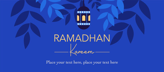 Ramadan Kareem, Eid Mubarak, Eid al Adha, and Eid al Fitr minimalist greeting with lantern, leaves, blue background for sale, advertisement, promotion, banner, card, poster. Flat vector illustration.