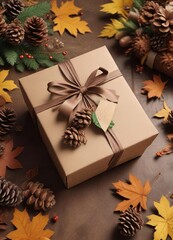 A beautifully tied brown gift box surrounded by festive autumn leaves and pinecones,  wrapped gifts,  pinecones,  gift boxes