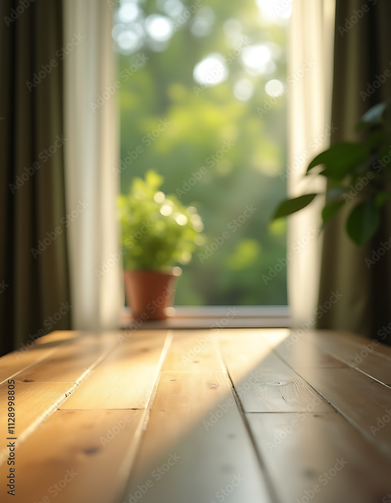 Poster The empty wooden tabletop is reflected in a blurred curtain with an abstract view of a green garden outside under sunlight._00002_