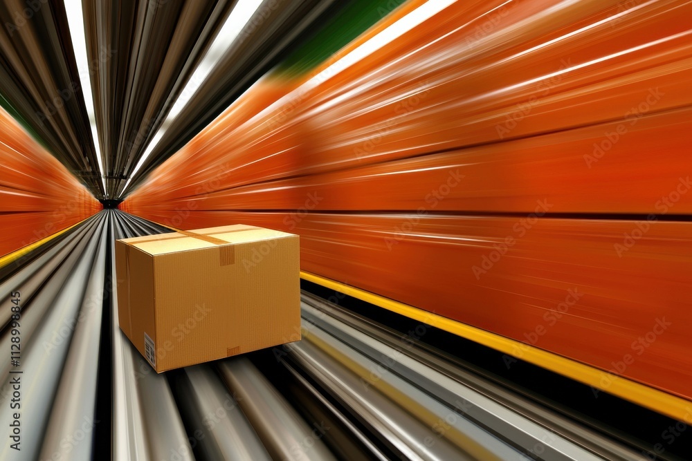 Poster a cardboard box is placed in a dynamic, blurred setting, suggesting rapid movement through a colorfu