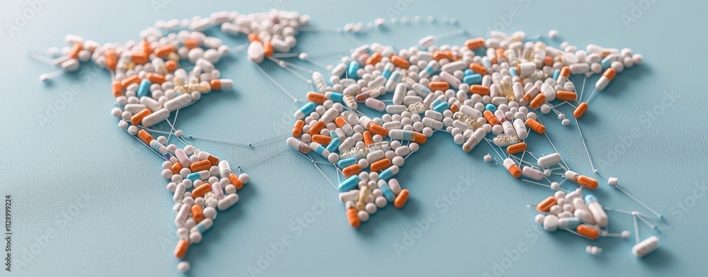 Poster a creative representation of a world map constructed from various colorful pills, symbolizing global