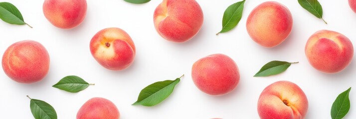 Naklejka premium A vibrant arrangement of fresh apricots and green leaves on a white background, showcasing their natural colors and textures.