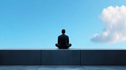 Business professional seated cross-legged on a rooftop ledge, practicing meditation. vast blue sky with a few clouds creates a serene atmosphere, promoting relaxation and mindfulness