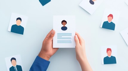 A person is holding a resume surrounded by images of potential candidates, emphasizing the process of job selection and recruitment.