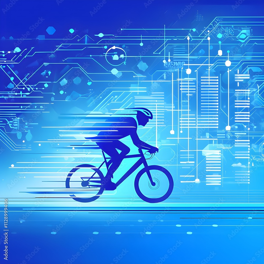 Poster cyclist silhouette on bike with vibrant dynamic lines showing motion, surrounded by data streams
