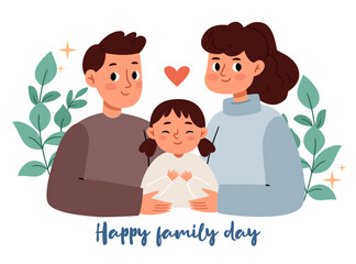 Mom, dad and daughter. Happy Family Day.the concept of a happy family full of loveMom, dad and daughter. Happy Family Day.the concept of a happy family full of love