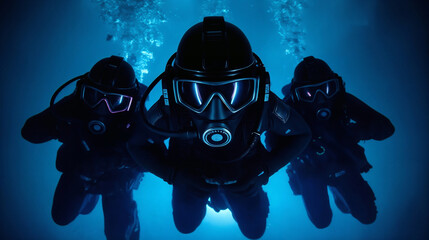 A dramatic frontal underwater view of three special forces divers in black gear and helmets, performing an operation. Intense dramatic lighting with cool water blue background.