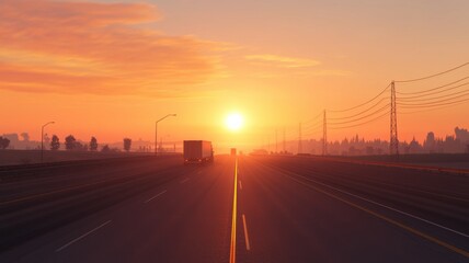A serene sunset casts a warm glow over a quiet highway, with a silhouette of a truck and power lines in the background.