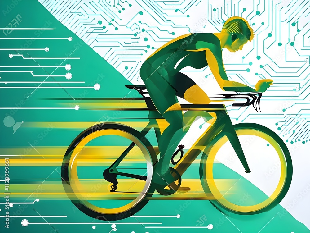 Poster cyclist silhouette on bike with vibrant dynamic lines showing motion, surrounded by data streams