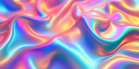 Obraz premium Holographic background featuring a blend of vibrant colors with a smooth gradient. The design includes curved shapes that flow seamlessly into one another, creating an iridescent effect. The surface 