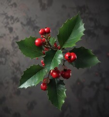 Single holly sprig with bright red berries and glowing green leaves against a dark, muted background, natural, background
