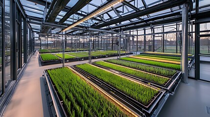 Naklejka premium Modern greenhouse with rows of thriving green seedlings under artificial grow lights.