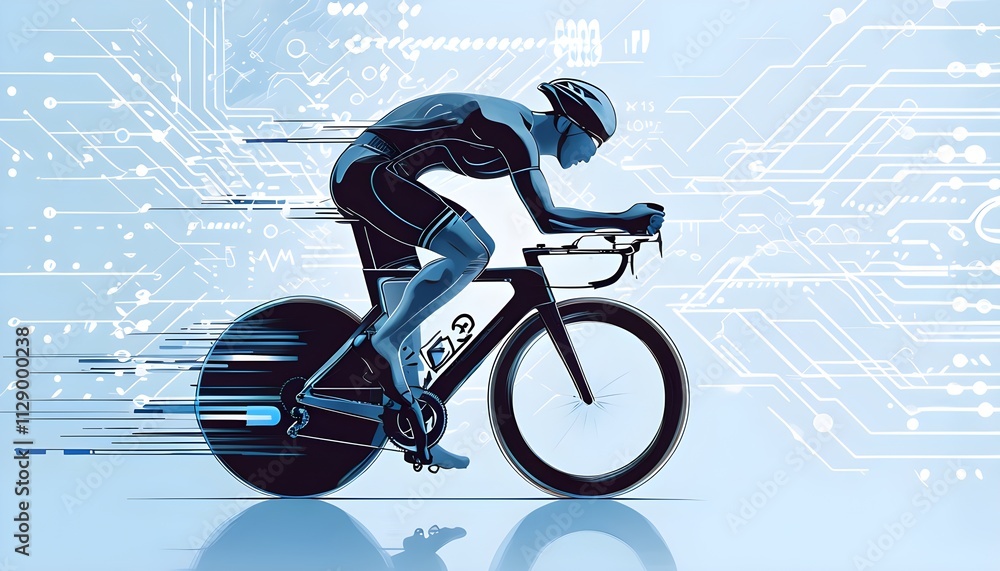 Poster cyclist silhouette on bike with vibrant dynamic lines showing motion, surrounded by data streams