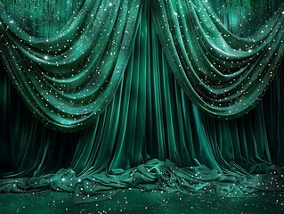Emerald green velvet stage curtains with glittering snowflakes.