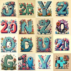 Obraz premium Cartoon Flowers Monster Lettering Typeface. AI generated illustration