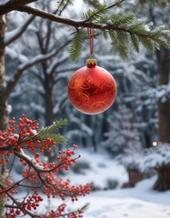 Ornament hanging from a thin branch amidst winter foliage, neutral tone, bare branches, winter foliage