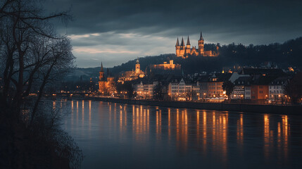 Nighttime view of the illuminated riverside town with historic castle on the hill