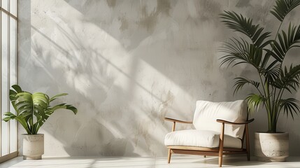 Chic interior showcasing a sleek armchair and a leafy plant beside a neutral plaster wall