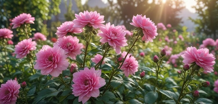 Mass of pink double flowers and green buds in the garden at dawn , pink flower blooms, garden features, rose polyantha