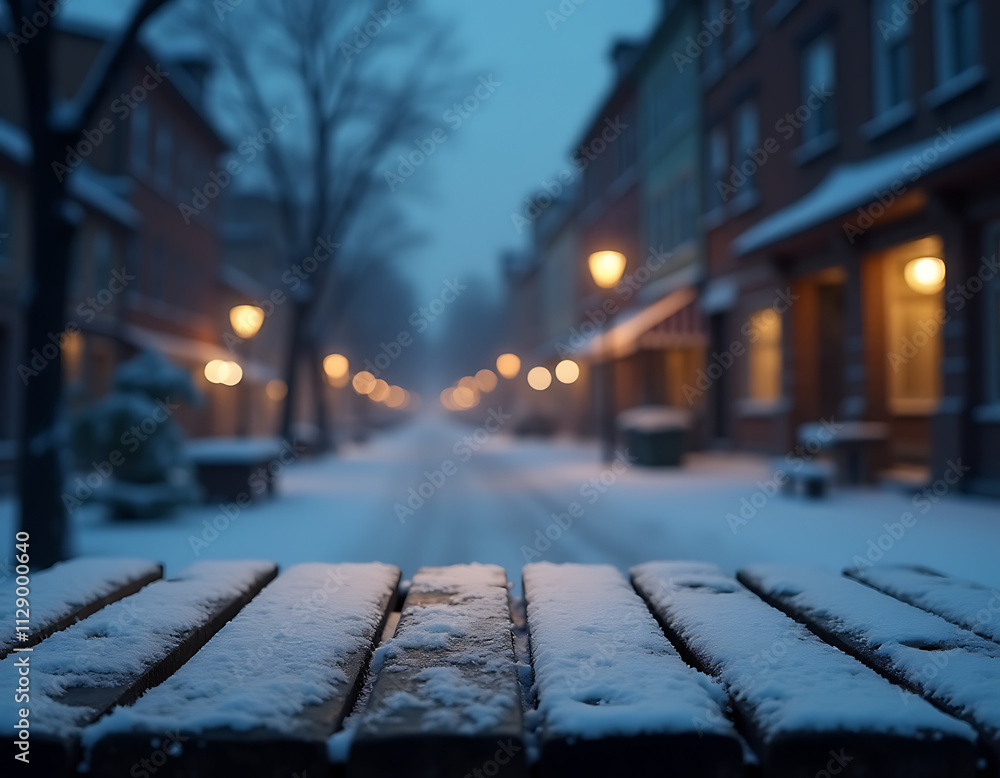 Poster snowy cityscape background frames a stark empty wooden table under the blurred lights of a quiet nig