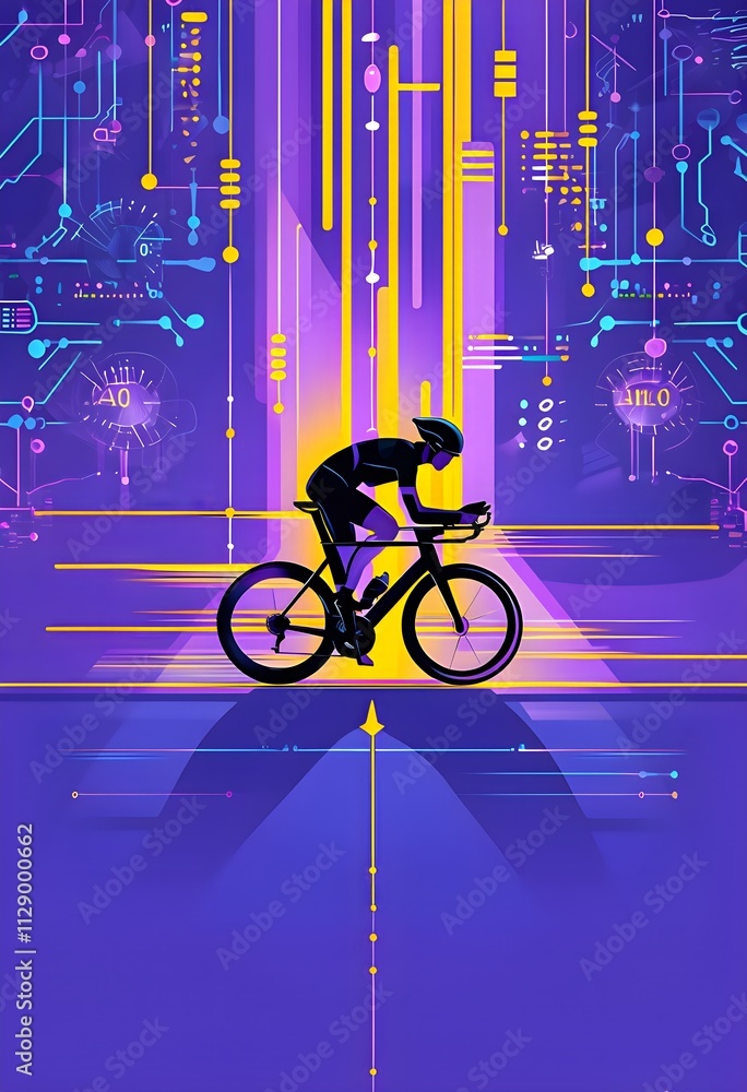 Poster cyclist silhouette on bike with vibrant dynamic lines showing motion, surrounded by data streams