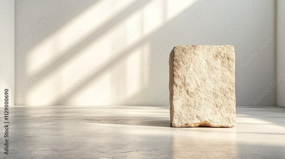 Aufkleber large stone block rests prominently in a spacious, minimalist room, illuminated by soft natural ligh