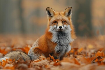 Fototapeta premium Red fox sitting amidst autumn leaves in a forest. (1)