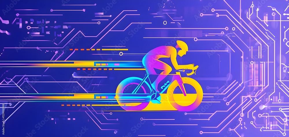Poster cyclist silhouette on bike with vibrant dynamic lines showing motion, surrounded by data streams