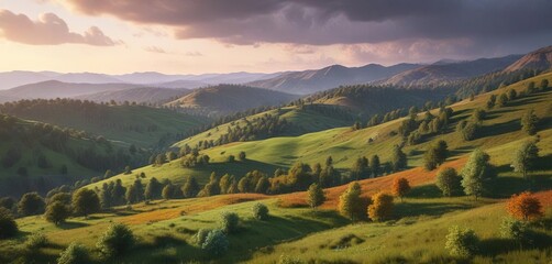 Fototapeta premium Forest and field patchwork in the rolling hills, hills, scenery