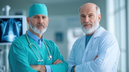 In a well-lit hospital environment, two healthcare professionals, one in surgical attire and the other in a lab coat, confidently pose with arms crossed, emphasizing collaboration in medicine