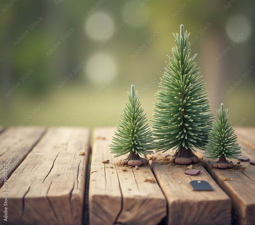 Poster small pine tree illustration with a black label placed on a rustic wooden table as a simple design c