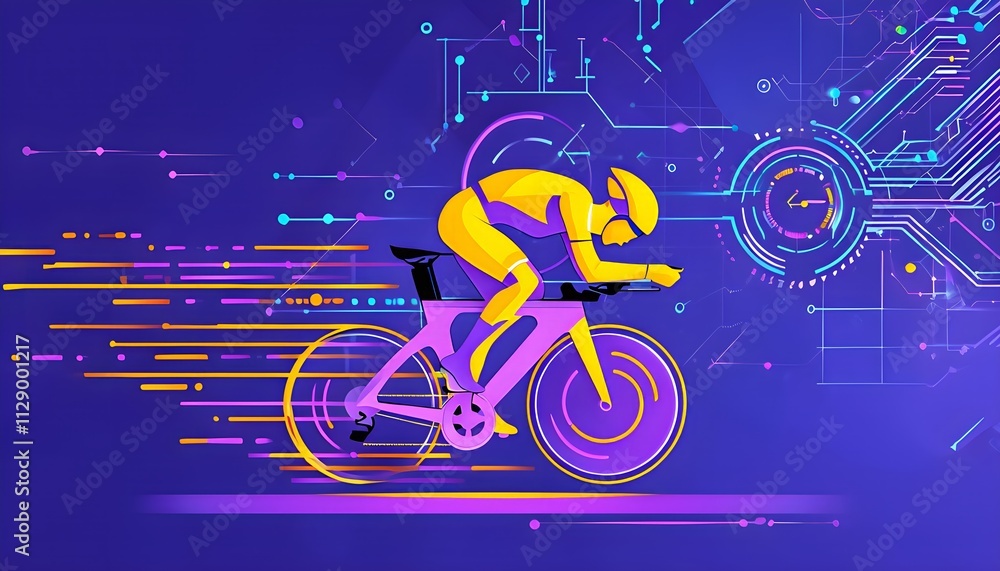 Poster cyclist silhouette on bike with vibrant dynamic lines showing motion, surrounded by data streams