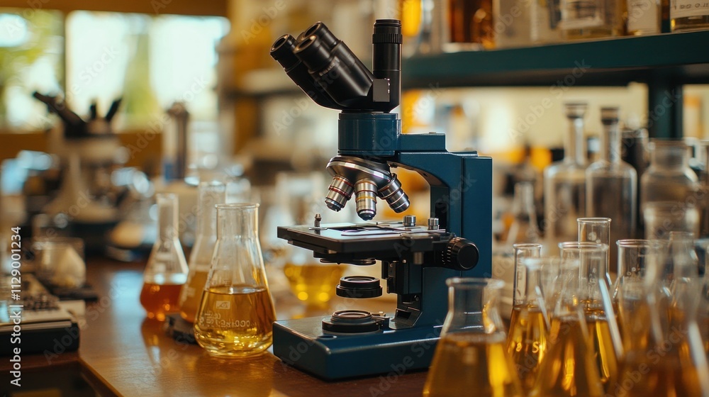 Poster a laboratory scene featuring a microscope surrounded by various glassware filled with liquids.