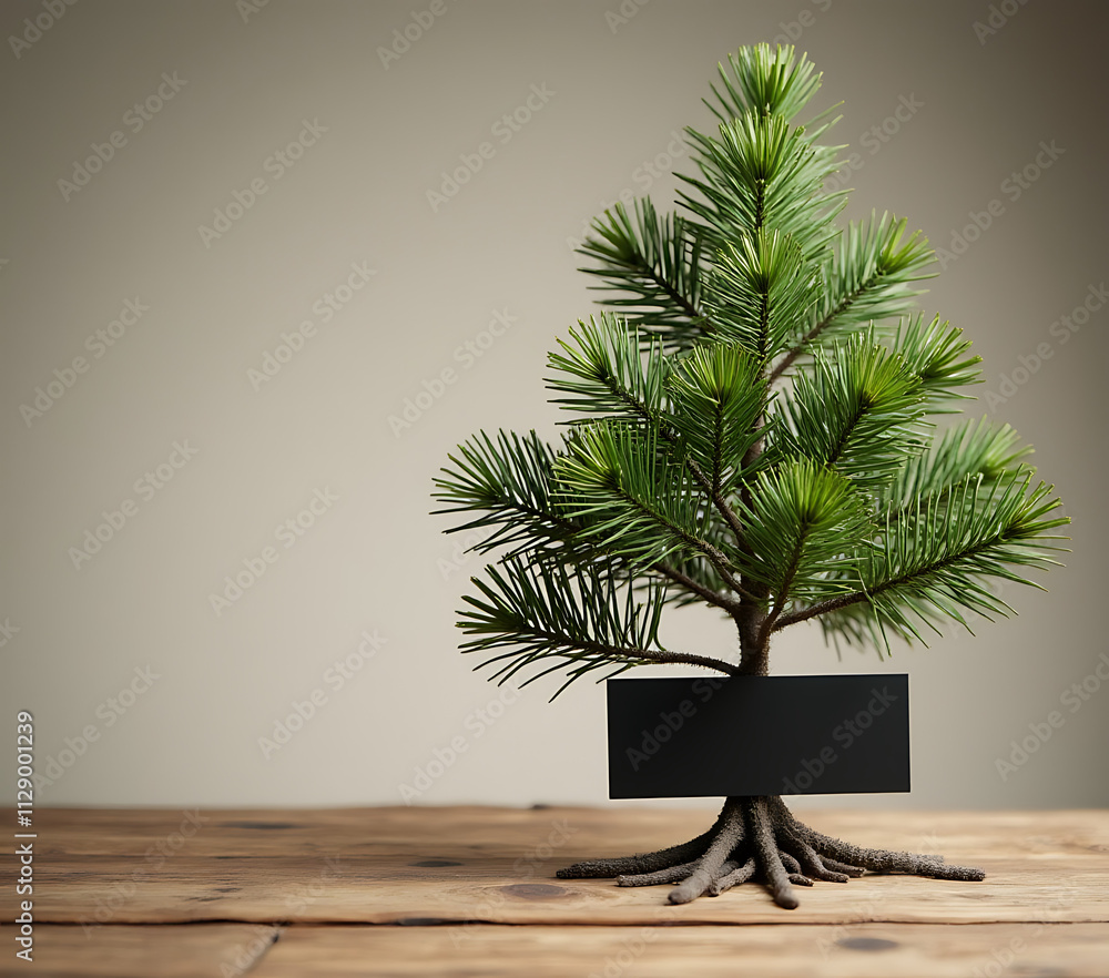 Poster Small pine tree illustration with a black label placed on a rustic wooden table as a simple design concept_00001_