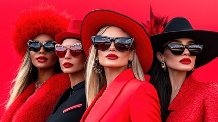 Four stylish women showcase striking red outfits and hats, posing confidently against a vivid red backdrop. Their glamorous sunglasses and bold lipstick enhance their elegant appearance