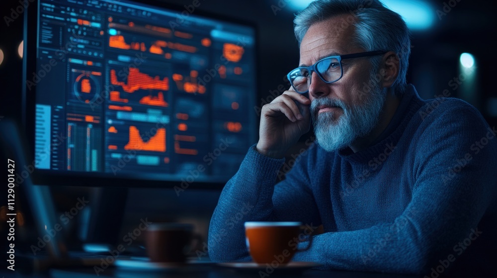 Poster man with a beard and glasses sits thoughtfully at a desk in a dimly lit office. he examines colorful