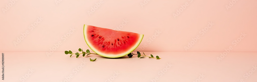 Poster slice of watermelon placed on a soft pastel background surrounded by delicate xanadu leaves in a ser
