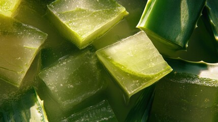Green aloe vera cubes are displayed closely, highlighting their shiny surfaces and refreshing appearance. Natural light accentuates the vibrant colors, creating an appealing sight