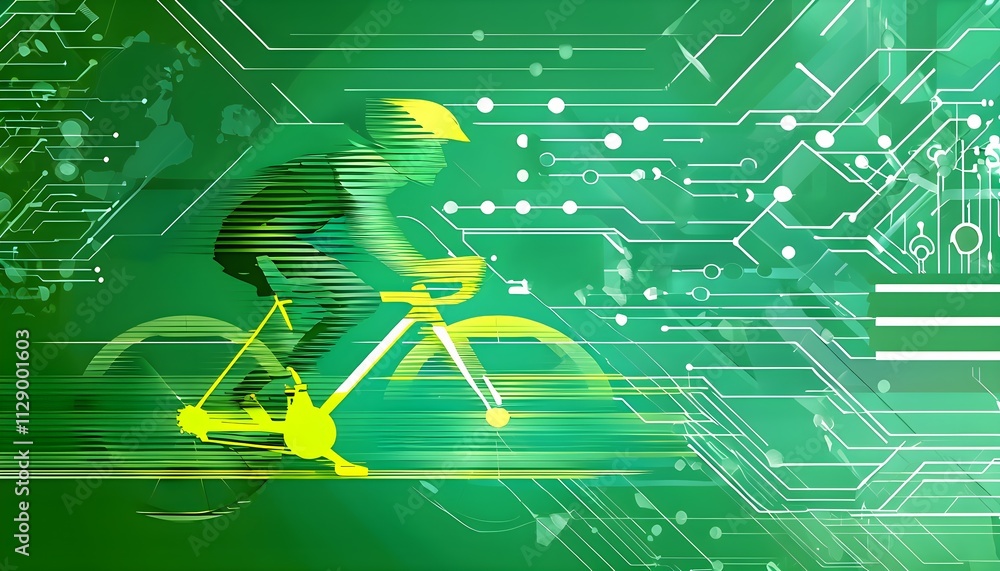 Poster cyclist silhouette on bike with vibrant dynamic lines showing motion, surrounded by data streams