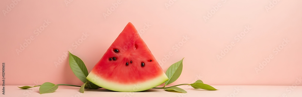 Poster slice of watermelon placed on a soft pastel background surrounded by delicate xanadu leaves in a ser