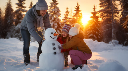 Young family building snowman in winter countryside with snow covered surface, spruce and fir trees and sunset in the background.
