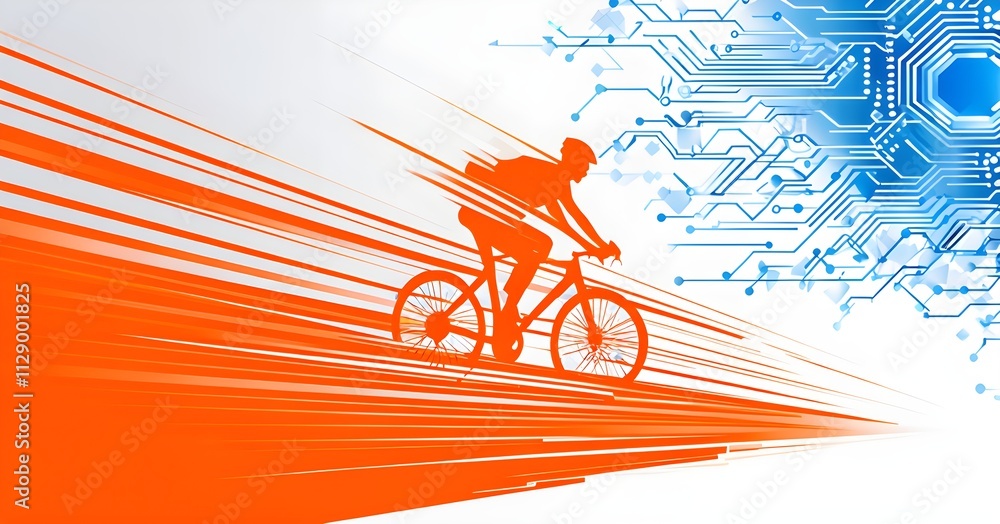 Poster cyclist silhouette on bike with vibrant dynamic lines showing motion, surrounded by data streams