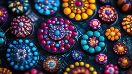 A vibrant arrangement of colorful, circular patterns resembling flowers, created with intricate designs and a variety of hues.