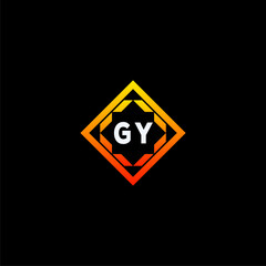 GY initials dynamic geometric logo design features a bold lettering sign in an orange and black color scheme, displayed against a dark background