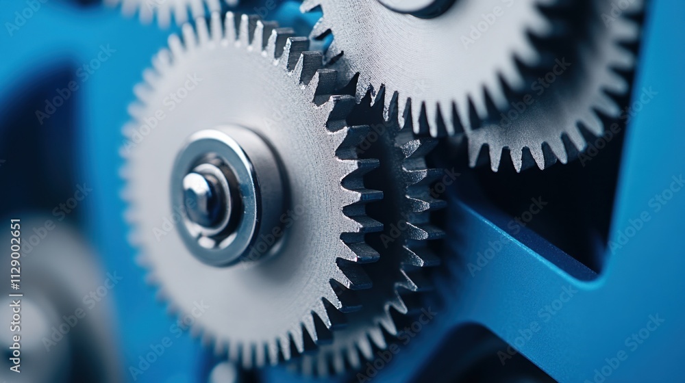 Poster close-up of interlocking gears illustrating precision engineering in a mechanical system. metallic s