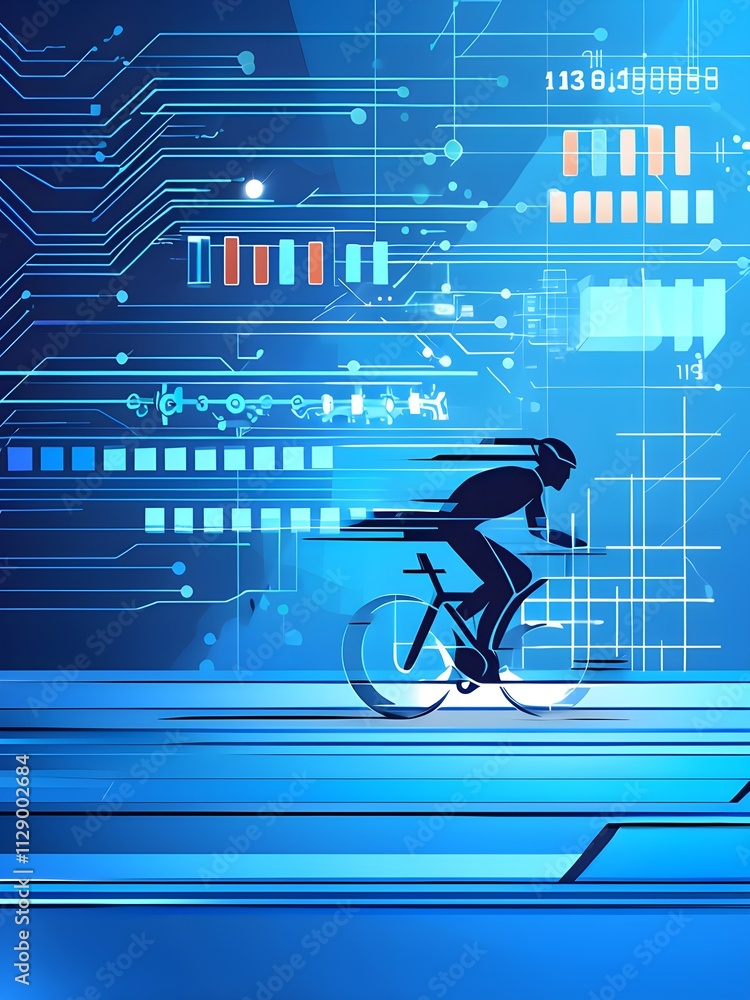 Poster cyclist silhouette on bike with vibrant dynamic lines showing motion, surrounded by data streams