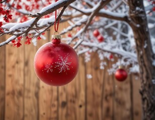 A single large red Christmas ball ornament swaying gently in mid-air above a bare wooden tree branch lined with snowflakes , winter wonderland, bright red color , red christmas ball